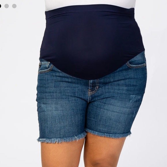 Navy Fringe Hem Maternity Plus Jean Shorts with Full Panel - Like New - Size XL - Picture 1 of 8
